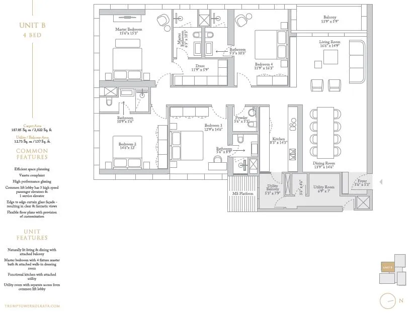 Trump Tower Kolkata 4 BHK floor plan Unit B, 2022 sq ft