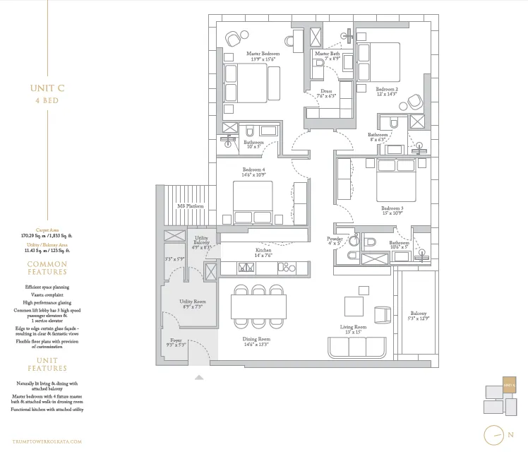 Trump Tower Kolkata 4 BHK floor plan Unit C, 1833 sq ft